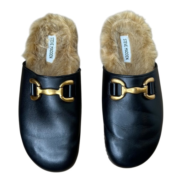 Steve Madden Masin Black Leather Faux Fur Mule Slippers 10 - Picture 2 of 10